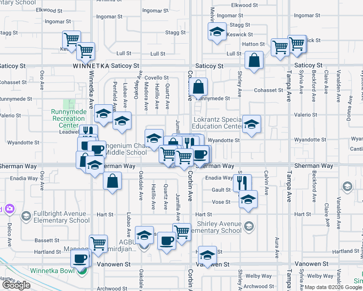 map of restaurants, bars, coffee shops, grocery stores, and more near 7300 Jumilla Avenue in Los Angeles