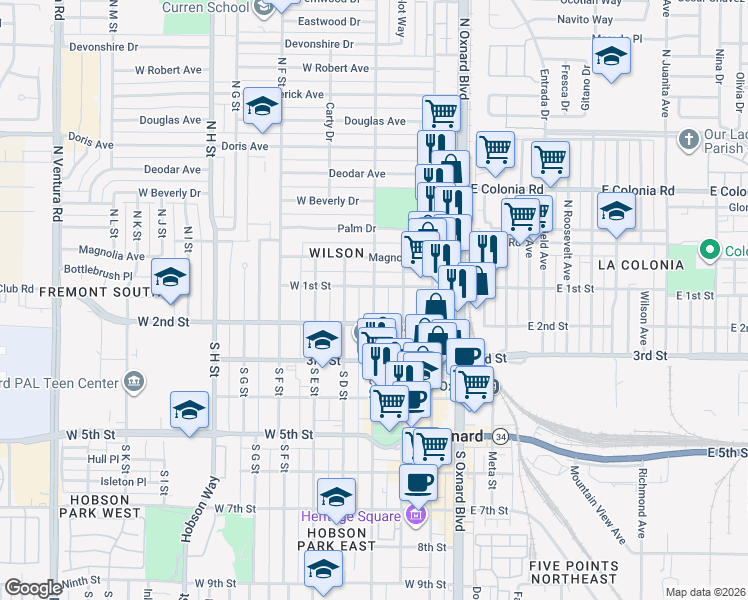map of restaurants, bars, coffee shops, grocery stores, and more near 100 South C Street in Oxnard