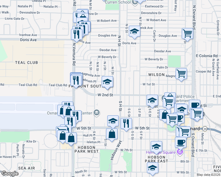 map of restaurants, bars, coffee shops, grocery stores, and more near 1110 Bottlebrush Place in Oxnard