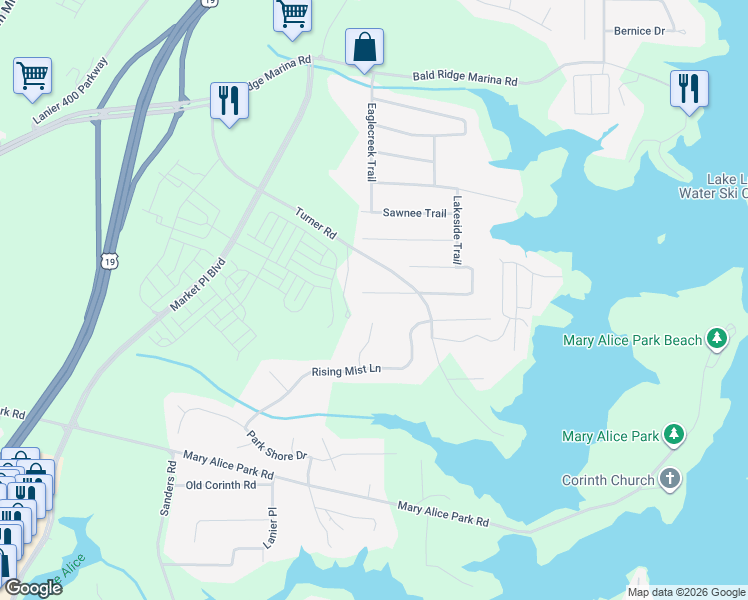 map of restaurants, bars, coffee shops, grocery stores, and more near 2950 Goldmine Road in Cumming