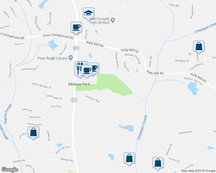 map of restaurants, bars, coffee shops, grocery stores, and more near 5100 Post Road in Cumming