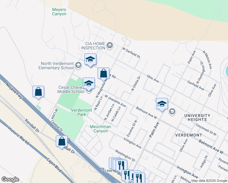 map of restaurants, bars, coffee shops, grocery stores, and more near 6709 Coleen Lane in San Bernardino