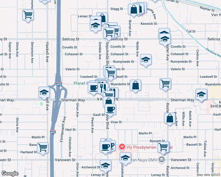 map of restaurants, bars, coffee shops, grocery stores, and more near 15266 Wyandotte Street in Los Angeles