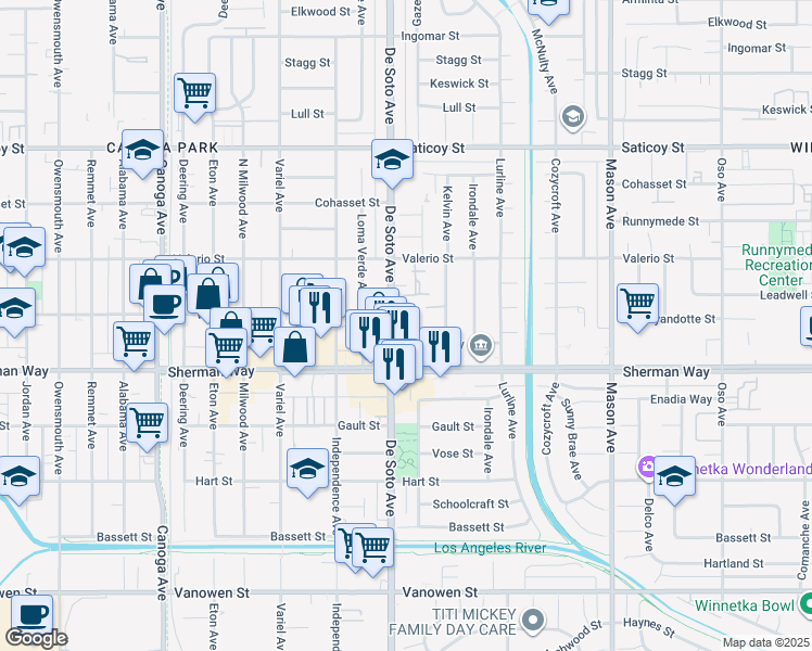 map of restaurants, bars, coffee shops, grocery stores, and more near 7308 De Soto Avenue in Los Angeles