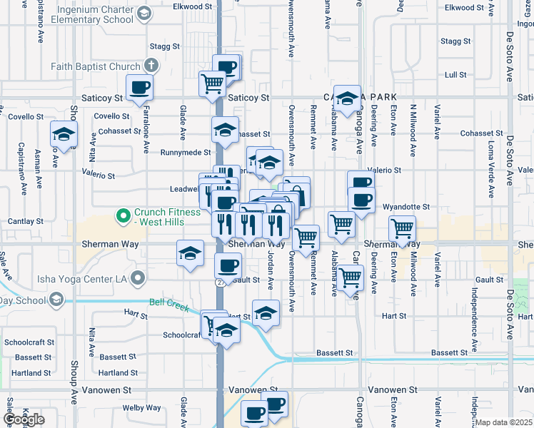 map of restaurants, bars, coffee shops, grocery stores, and more near 21827 Wyandotte Street in Los Angeles