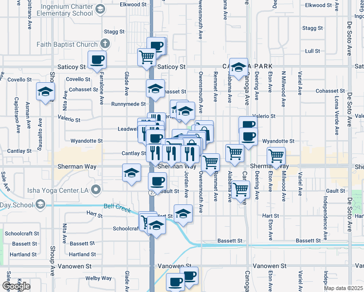 map of restaurants, bars, coffee shops, grocery stores, and more near 21827 Wyandotte Street in Los Angeles