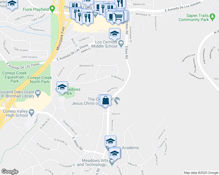 map of restaurants, bars, coffee shops, grocery stores, and more near 1875 Village Court in Thousand Oaks