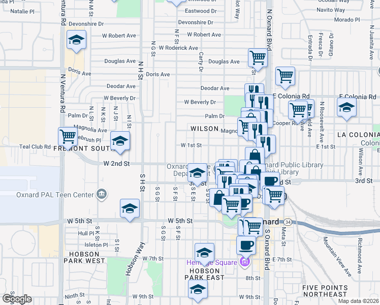 map of restaurants, bars, coffee shops, grocery stores, and more near 619 West 1st Street in Oxnard