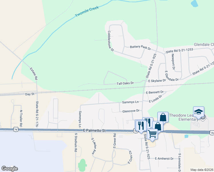 map of restaurants, bars, coffee shops, grocery stores, and more near 3107 Tall Oaks Drive in Florence