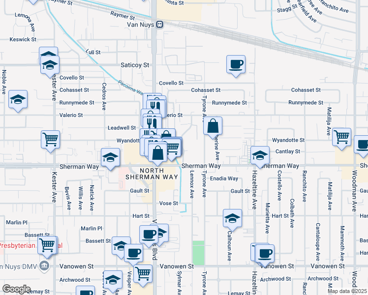 map of restaurants, bars, coffee shops, grocery stores, and more near 7300 Lennox Avenue in Van Nuys