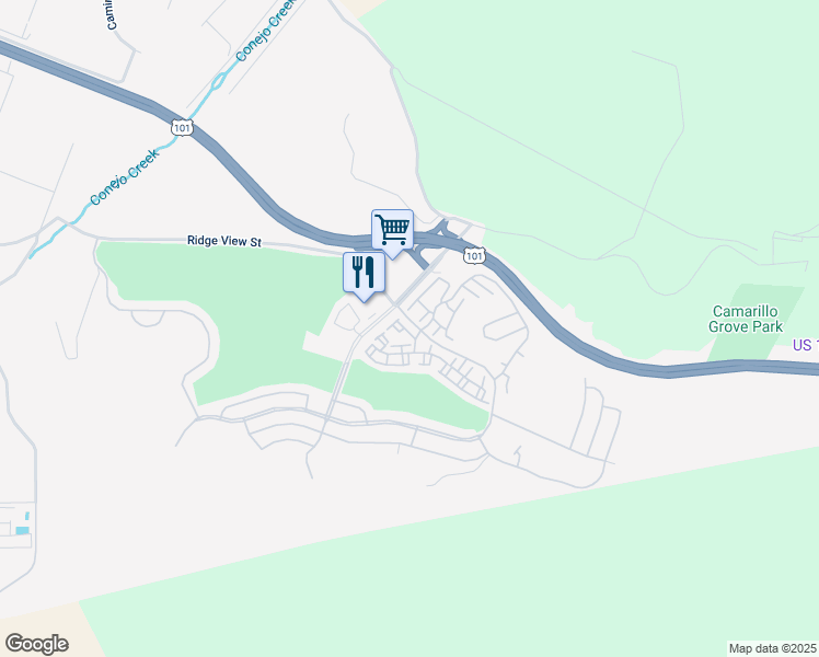 map of restaurants, bars, coffee shops, grocery stores, and more near 6010 Via Montanez in Camarillo