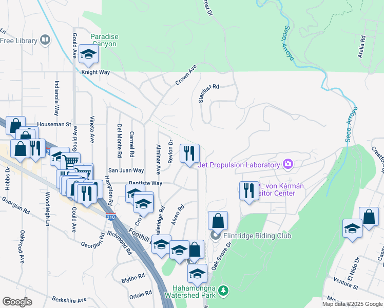 map of restaurants, bars, coffee shops, grocery stores, and more near 4922 Burgoyne Lane in La Cañada Flintridge