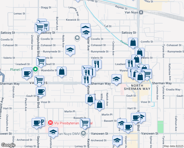 map of restaurants, bars, coffee shops, grocery stores, and more near 7244 Kester Avenue in Van Nuys