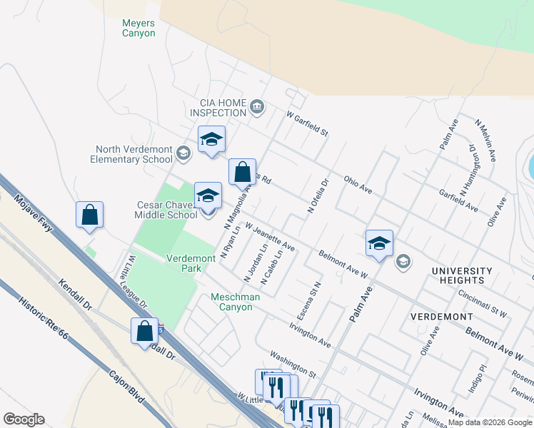 map of restaurants, bars, coffee shops, grocery stores, and more near 6709 Coleen Lane in San Bernardino
