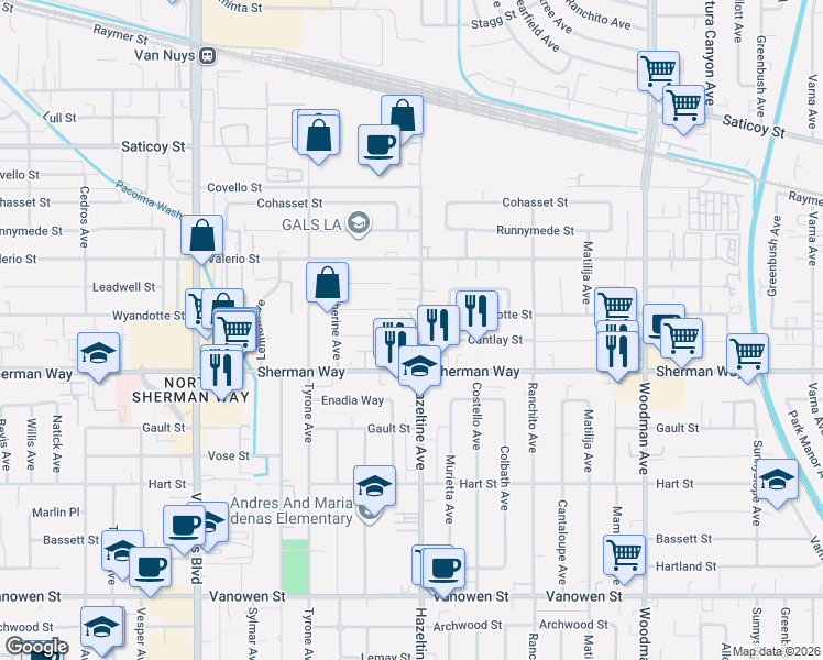 map of restaurants, bars, coffee shops, grocery stores, and more near 14107 West Birch Lane in Los Angeles