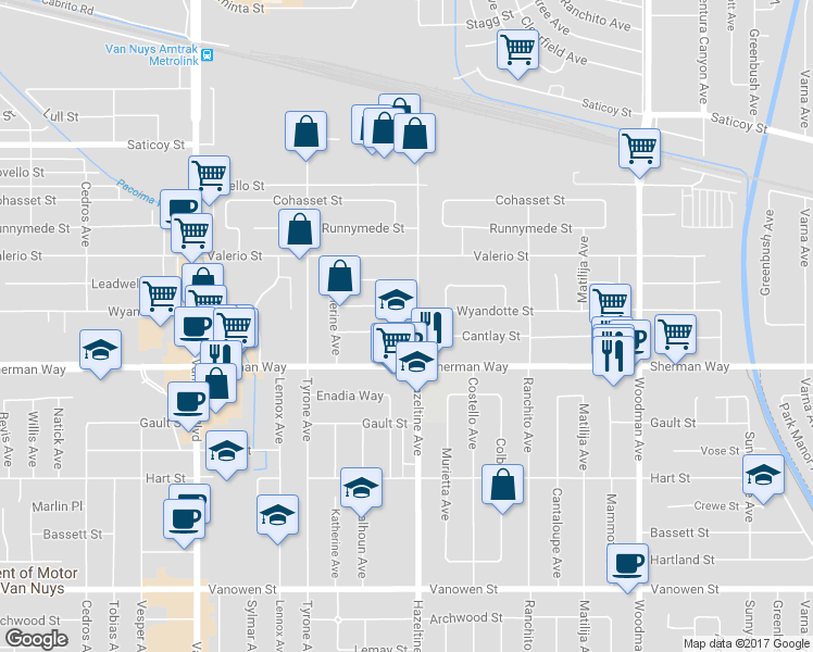 map of restaurants, bars, coffee shops, grocery stores, and more near 14109 West Birch Lane in Los Angeles