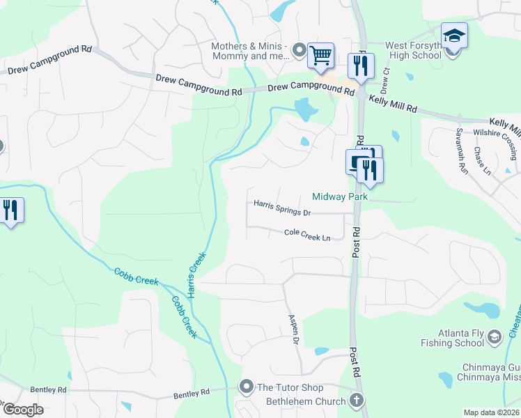 map of restaurants, bars, coffee shops, grocery stores, and more near 5425 Harris Springs Drive in Cumming