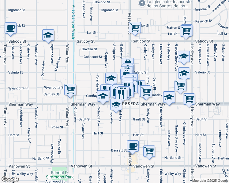 map of restaurants, bars, coffee shops, grocery stores, and more near 7250 Amigo Avenue in Los Angeles