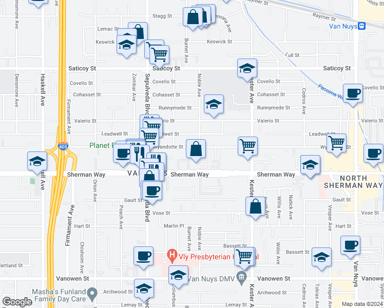 map of restaurants, bars, coffee shops, grocery stores, and more near 7245 Baek Court in Los Angeles
