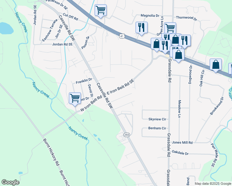 map of restaurants, bars, coffee shops, grocery stores, and more near 10 Jill Lane in Cartersville