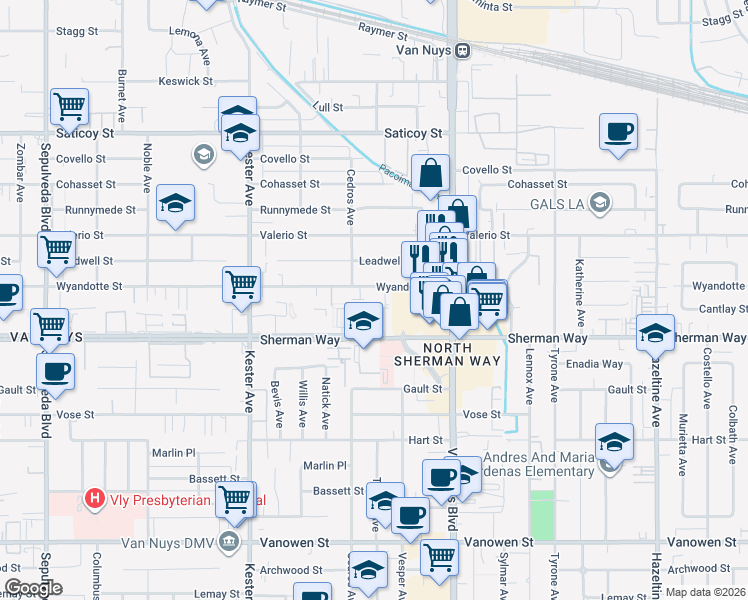 map of restaurants, bars, coffee shops, grocery stores, and more near 14630 Wyandotte Street in Los Angeles