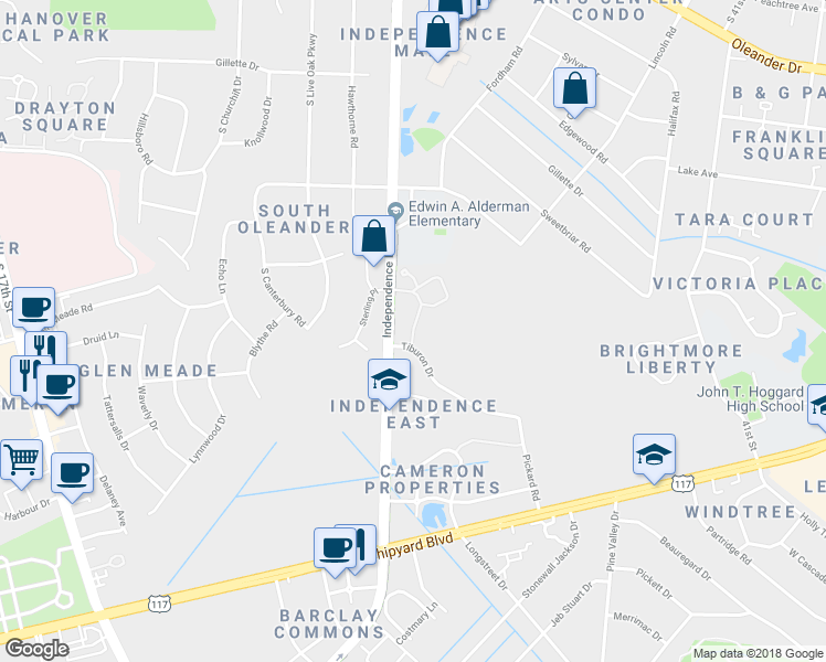 map of restaurants, bars, coffee shops, grocery stores, and more near 2980 Midtown Way in Wilmington