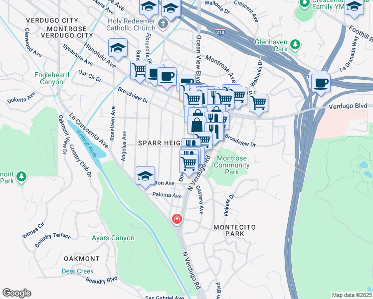map of restaurants, bars, coffee shops, grocery stores, and more near 3470 Downing Avenue in Glendale