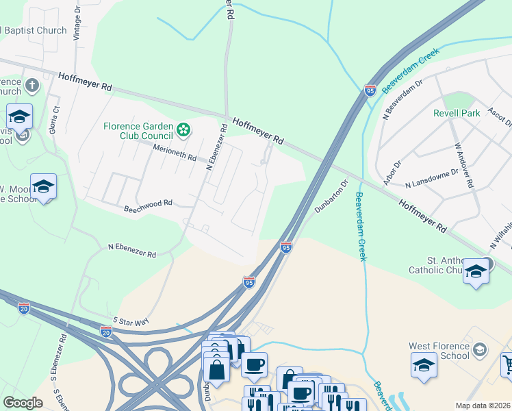 map of restaurants, bars, coffee shops, grocery stores, and more near 447 Sterling Drive in Florence