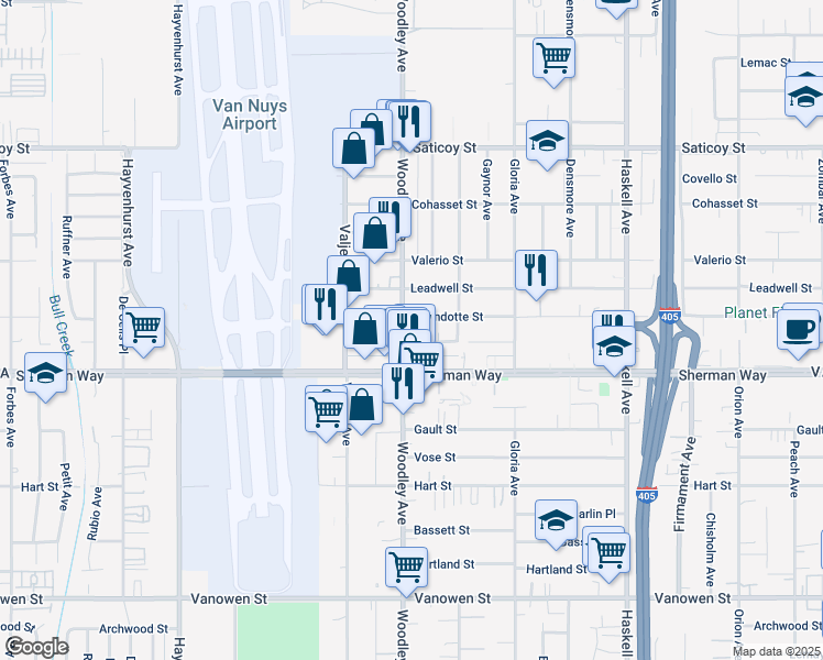 map of restaurants, bars, coffee shops, grocery stores, and more near 7304 Woodley Avenue in Los Angeles