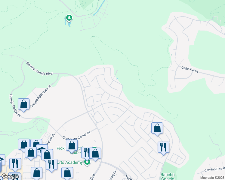 map of restaurants, bars, coffee shops, grocery stores, and more near 1775 Red Robin Place in Thousand Oaks