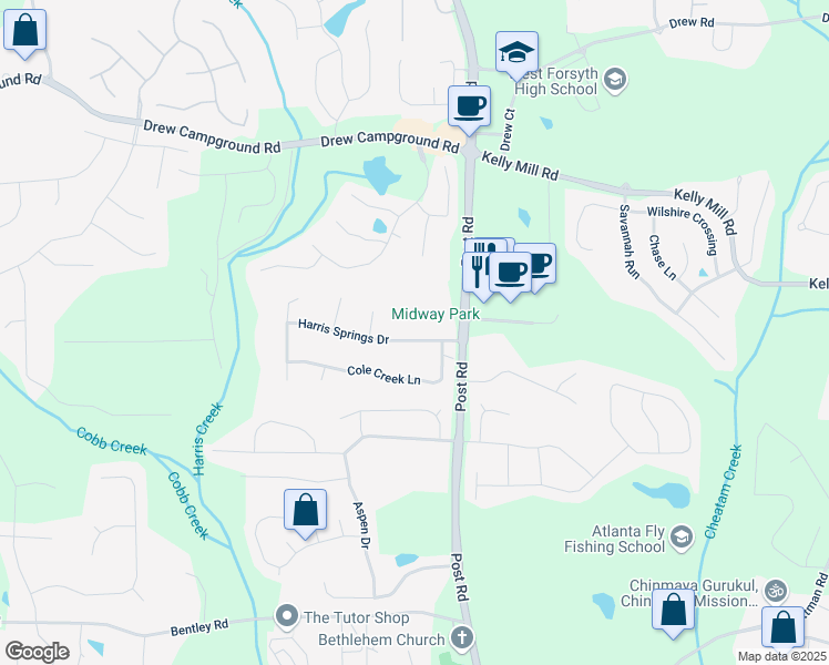 map of restaurants, bars, coffee shops, grocery stores, and more near 5230 Harris Springs Drive in Cumming