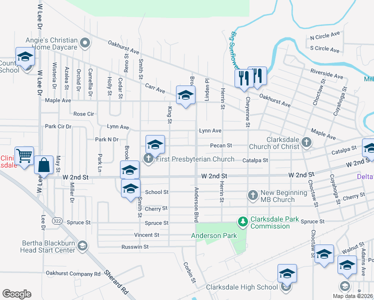 map of restaurants, bars, coffee shops, grocery stores, and more near 833-837 Pecan Street in Clarksdale