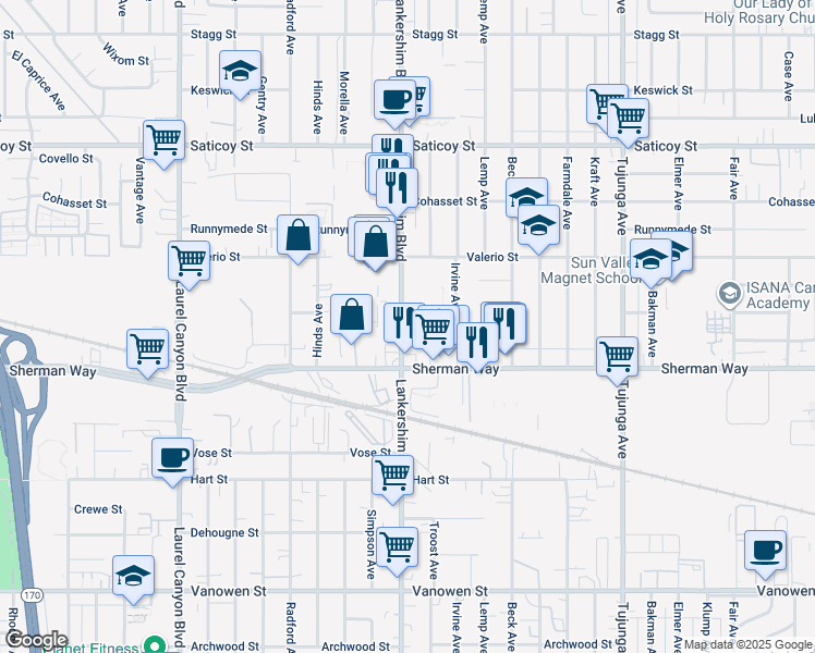 map of restaurants, bars, coffee shops, grocery stores, and more near 7246 Lankershim Boulevard in Los Angeles