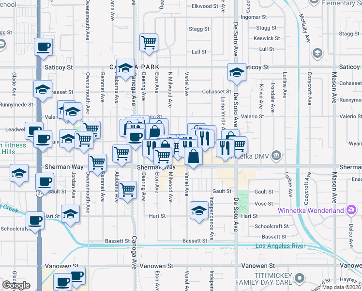 map of restaurants, bars, coffee shops, grocery stores, and more near 7305 Variel Avenue in Los Angeles