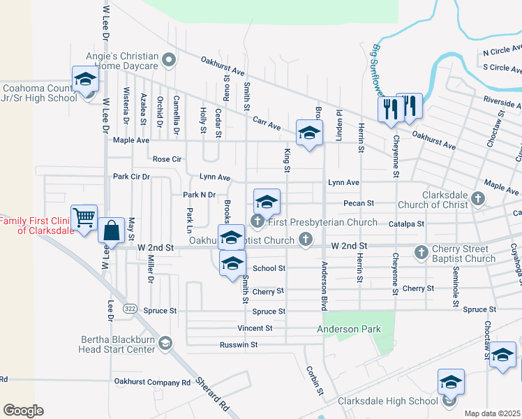 map of restaurants, bars, coffee shops, grocery stores, and more near 931 Pecan Street in Clarksdale