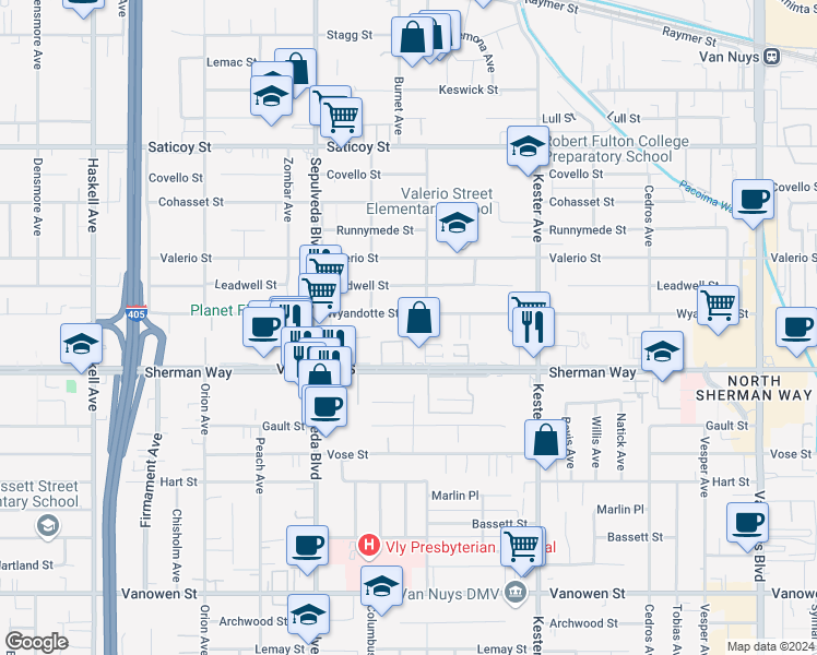 map of restaurants, bars, coffee shops, grocery stores, and more near 7245 Baek Court in Los Angeles