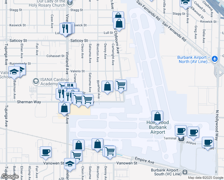 map of restaurants, bars, coffee shops, grocery stores, and more near 10679 Sherman Place in Los Angeles