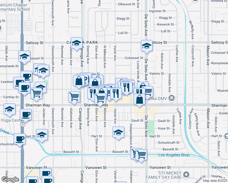 map of restaurants, bars, coffee shops, grocery stores, and more near 7253 Variel Avenue in Los Angeles