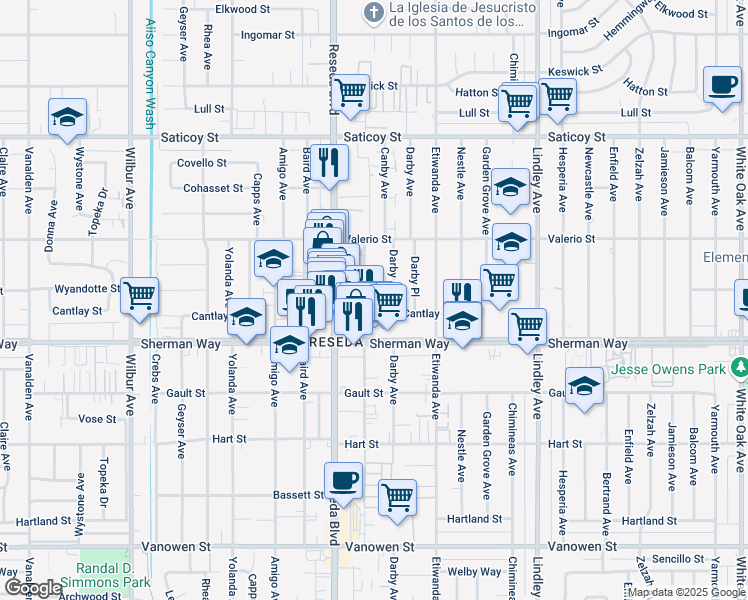 map of restaurants, bars, coffee shops, grocery stores, and more near 7248 Canby Avenue in Los Angeles