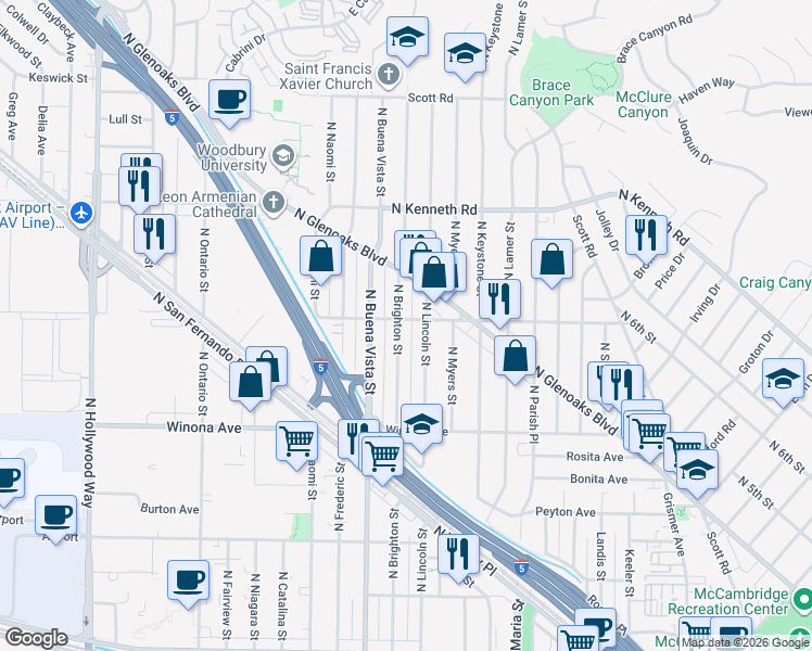 map of restaurants, bars, coffee shops, grocery stores, and more near 2600 North Brighton Street in Burbank