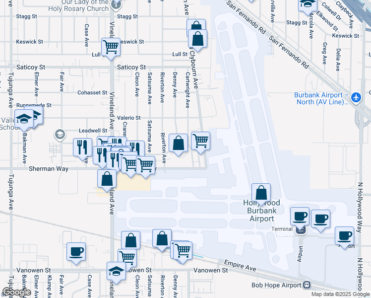 map of restaurants, bars, coffee shops, grocery stores, and more near 10679 Sherman Place in Los Angeles