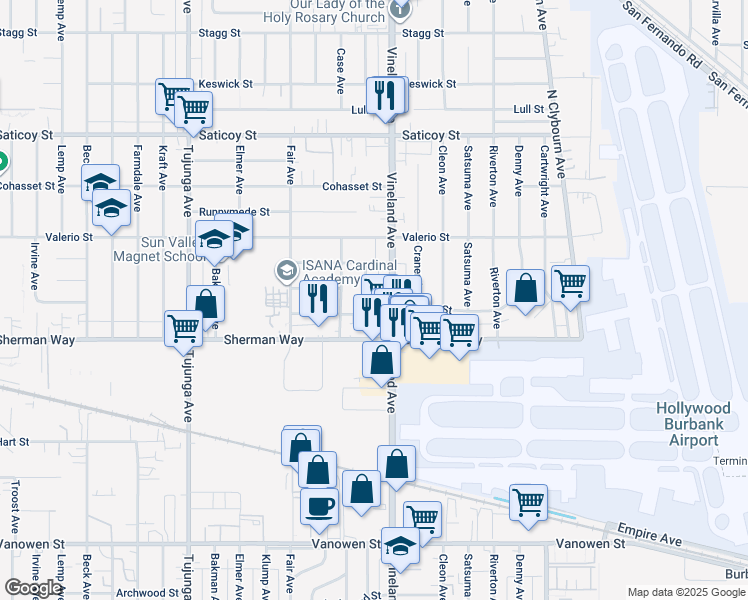 map of restaurants, bars, coffee shops, grocery stores, and more near 7254 Ensign Avenue in Los Angeles