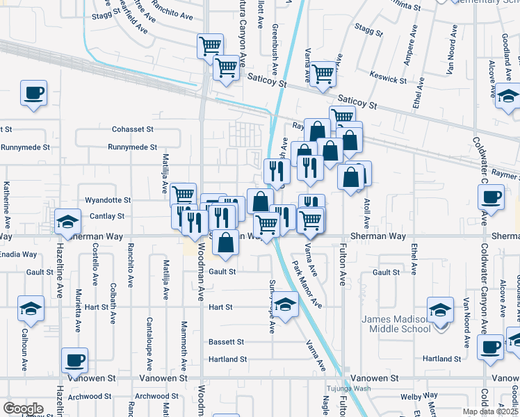 map of restaurants, bars, coffee shops, grocery stores, and more near 13538 Wyandotte Street in Los Angeles