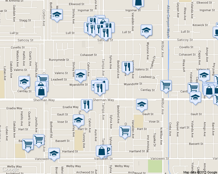 map of restaurants, bars, coffee shops, grocery stores, and more near 7303 Sylvia Avenue in Los Angeles