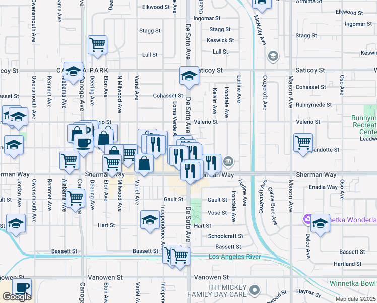 map of restaurants, bars, coffee shops, grocery stores, and more near 7308 De Soto Avenue in Los Angeles
