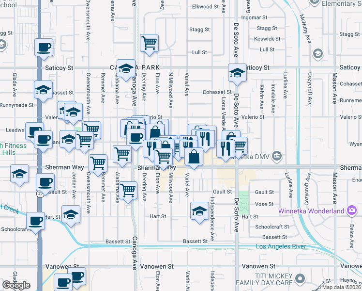 map of restaurants, bars, coffee shops, grocery stores, and more near 7305 Variel Avenue in Los Angeles