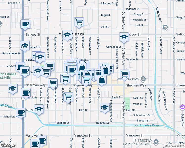 map of restaurants, bars, coffee shops, grocery stores, and more near 7305 Milwood Avenue in Los Angeles