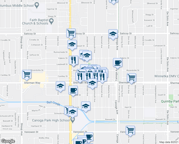 map of restaurants, bars, coffee shops, grocery stores, and more near 7301 Owensmouth Avenue in Los Angeles