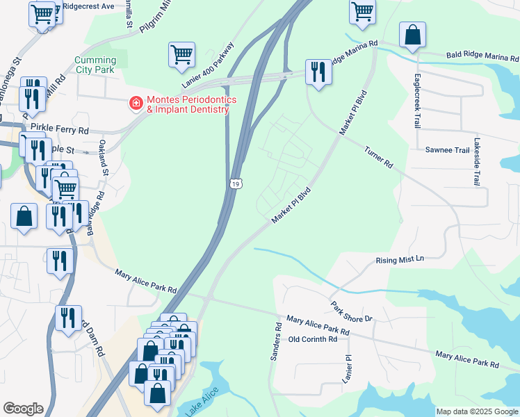 map of restaurants, bars, coffee shops, grocery stores, and more near 1244 Westshore Drive in Cumming