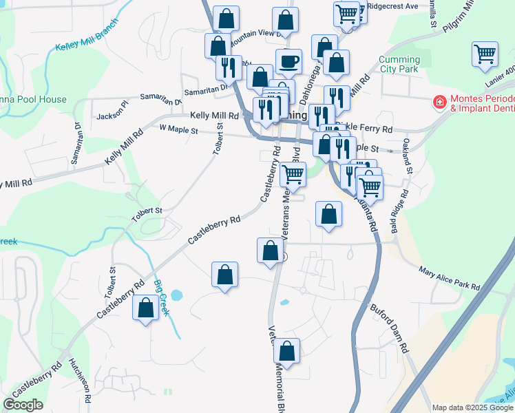 map of restaurants, bars, coffee shops, grocery stores, and more near 201-235 Castleberry Road in Cumming